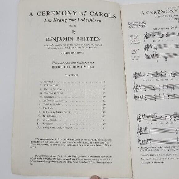 Sheet Music HARP/ Piano Benjamin Britten A Ceremony of Carols Arranged for SATB - Picture 3 of 8
